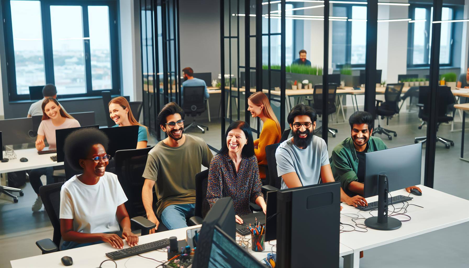 A group of happy programmers working in a modern office