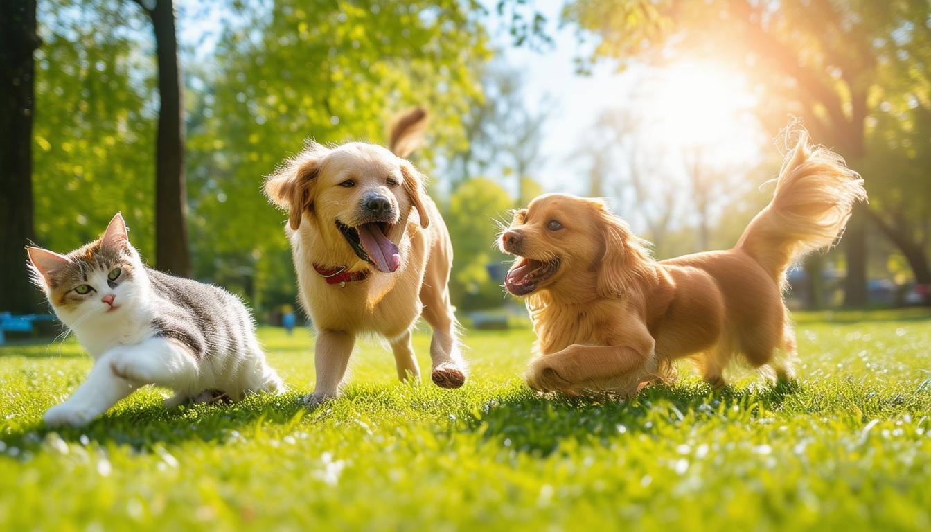 Happy cats and dogs playing in a park on a sunny day