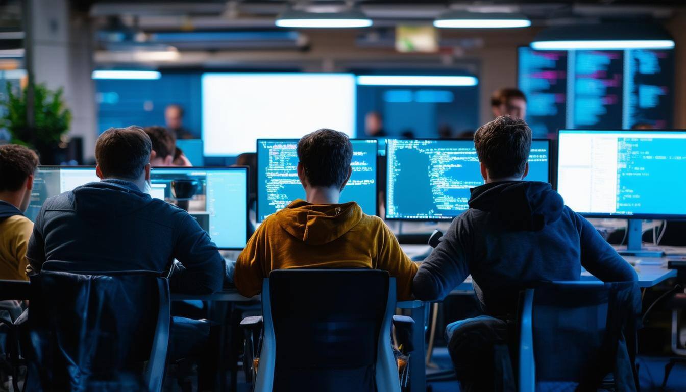 a bunch of coders sitting in an office and coding using Visual Studio code seen from behind their backs